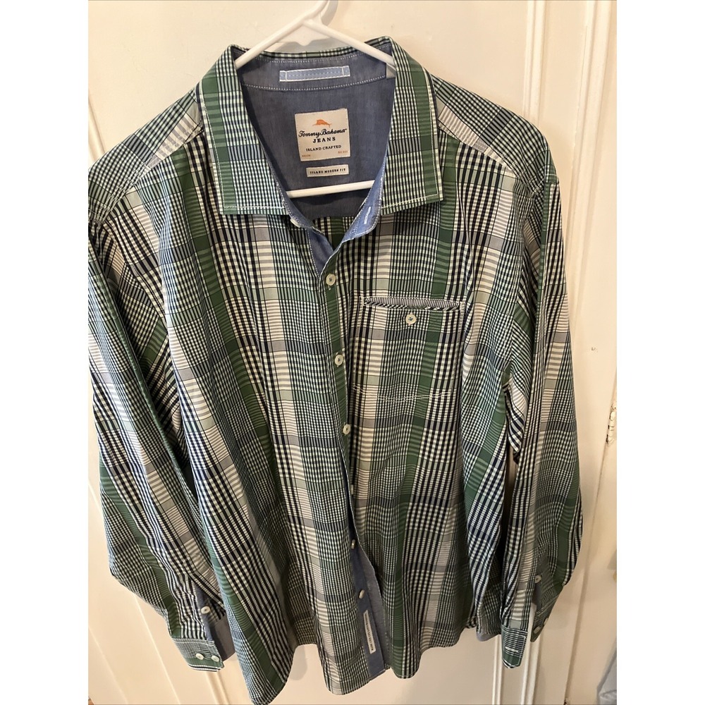 Tommy Bahama Island Modern Fit Blue Green Plaid Button Up Long Sleeve Shirt XL